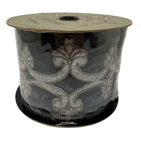 Claudia Stevens Other - d. stevens French Blue Velvet Ribbon 4in x 5yd Silver Glitter Damask 4002025